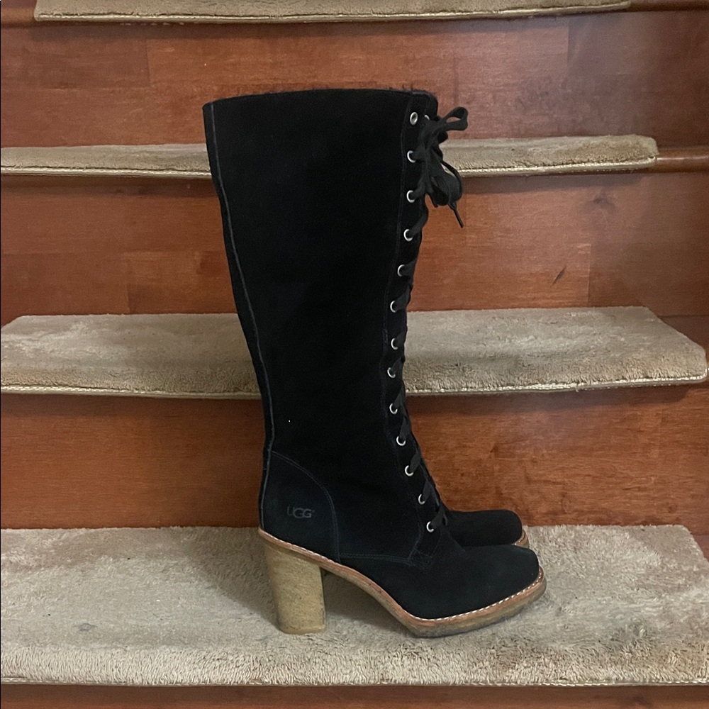 UGG Black Suede Lace-Up Heeled Knee Boots with Wooden Block Heel